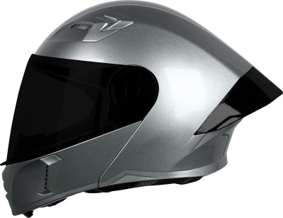 Steelbird SBA-20 7Wings ISI Certified Flip-Up Helmet for Men & Women with Inner Sun Shield Motorbike Helmet(Glossy Silver with Black Spoiler and Smoke Visor)
