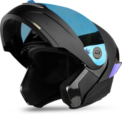 Steelbird SBA-8 7Wings ISI Certified Flip-Up Helmet for Men and Women Motorbike Helmet(Glossy Black with Blue Visor)