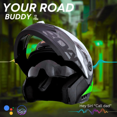 HEADFOX Smart Bluetooth ISI Certified Flip-Up for Men and Women Road Matt [Green & Black Motorsports Helmet(Green, Black)