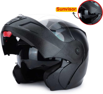 Agx O2 Flipup with Polycarbonate and Sunvisor ABS Material Unisex Motorbike Helmet(Black)