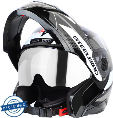 Steelbird SBA-7 Huracan ISI Certified Flip-Up Helmet for Men and Women with Sun Shield Motorbike Helmet(Glossy Black Grey)