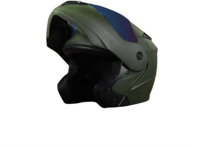 Racing-1 Deletion FlipUp ABS Material Unisex with Rainbow Anti UV Scratch Resistant Visor Motorbike Helmet(Army Green)