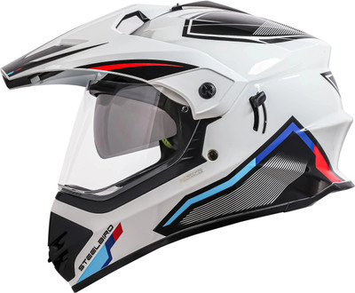 Steelbird Racer Off Road ISI Certified Motocross Double Visor Full Face Graphic Motorbike Helmet(Glossy White Red)