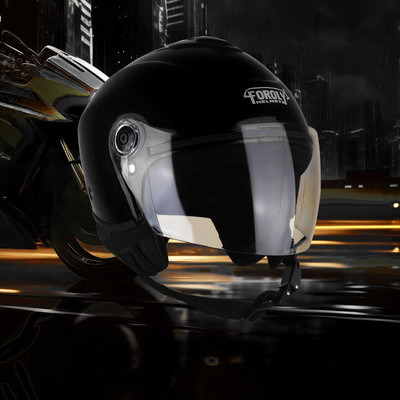 FOROLY Track Unisex Open Face ABS Material with Scratch Resistant Visor Motorbike Helmet(Black)
