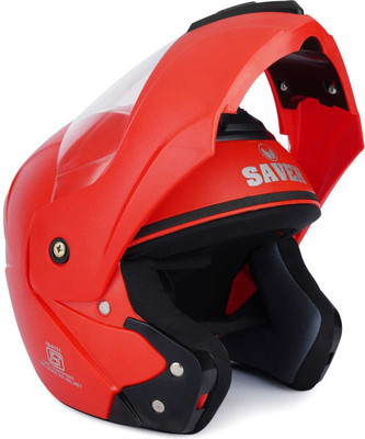FOROLY Saver Flip up ABS Material Aero-dynamic with PolyCarbonate visor Motorbike Helmet(Red)