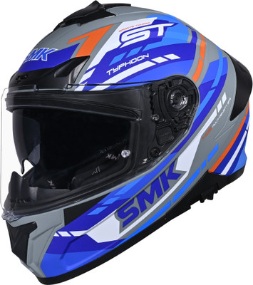 SMK Typhoon Sports Tourer ISI, DOT & ECE 06 Certified Helmet with Dual Visor Motorbike Helmet(MATT GREY & BLUE)