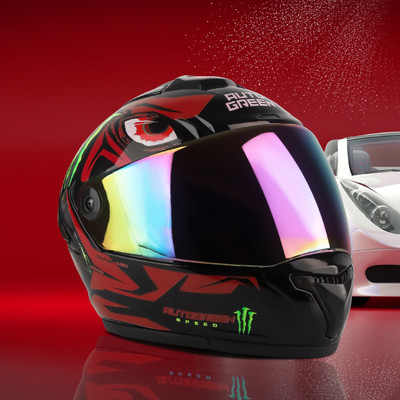 FOROLY Auto Green Speed Monster ABS Material with Rainbow visor Motorbike Helmet(Red)