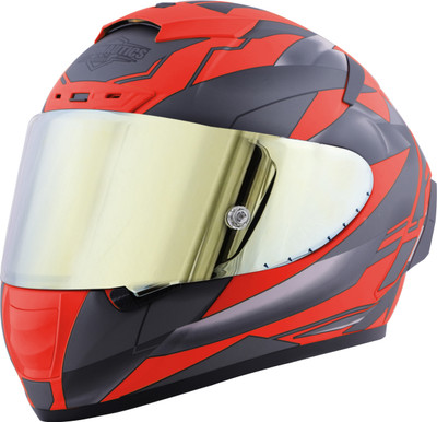 Steelbird SA-2 Metallic ISI Certified Full Face Graphic Helmet Motorbike Helmet(Glossy Fluo Red Grey with Gold Visor)