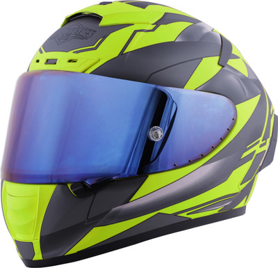 Steelbird SA-2 Metallic ISI Certified Full Face Graphic Helmet Motorbike Helmet(Glossy Fluo Neon Grey with Blue Visor)