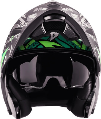 Steelbird Air SBA-20 ISS DARK WARRIOR Flip-Up Large Men & Women with Inner Sun-Shield Motorsports Helmet(Matt Black Green)