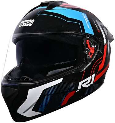 STUDDS Drifter R1 ISI & DOT Certified Full Face Helmet with Inner Sun Visor and Spoiler Motorbike Helmet(BLACK N1 - BLUE)