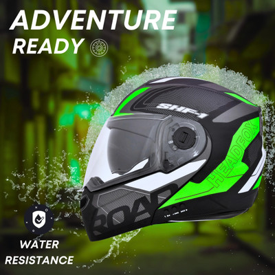HEADFOX Smart Bluetooth ISI Certified Flip-Up for Men and Women Road Matt [Green & Black Motorsports Helmet(Green, Matt Black)