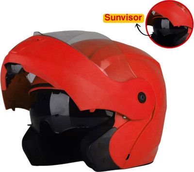FOROLY O2 Flipup with Polycarbonate and Sunvisor ABS Material Unisex Motorbike Helmet(Red)