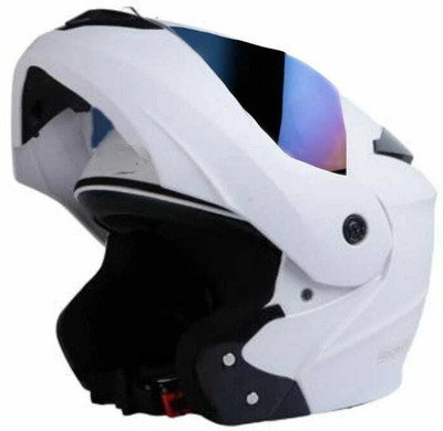 FOROLY Flip up ABS Material Aero- dynamic with Rainbow visor Motorbike Helmet(White)