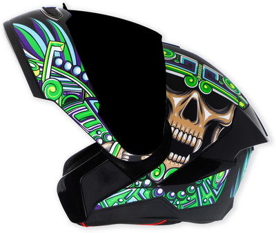 Steelbird SBA-8 Hunt ISI Certified Flip-Up Graphic Helmet for Men and Women Motorbike Helmet(Glossy Black Green with Black Spoiler and Smoke Visor)