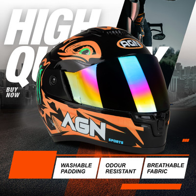 Agx AGN Monster Fullface ABS Material with Rainbow Visor Unisex Motorbike Helmet(Orange)