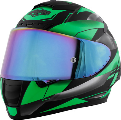 Steelbird SA-2 Metallic ISI Certified Full Face Graphic Helmet Motorbike Helmet(Matt Black Fluo Green with Rainbow Visor)