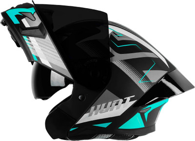 Steelbird SBA-20 Hunt ISI Certified Flip-Up Graphic Helmet for Men with Inner Sun Shield Motorbike Helmet(Matt Black Sea Green with Black Spoiler and Smoke Visor)