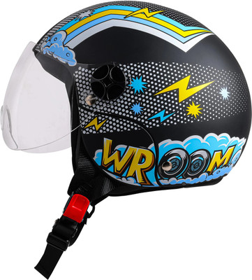 Steelbird SBH-16 Wroom ISI Certified Open Face Graphic Helmet for Women and Kids Motorbike Helmet(Matt Black Blue)