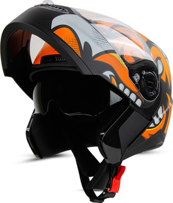 Steelbird SBA-7 Angry Bird ISI Certified Flip-Up Helmet for Men with Inner Sun Shield Motorbike Helmet(Glossy Black Orange)