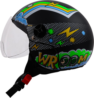 Steelbird SBH-16 Wroom ISI Certified Open Face Graphic Helmet for Women and Kids Motorbike Helmet(Matt Black Green)