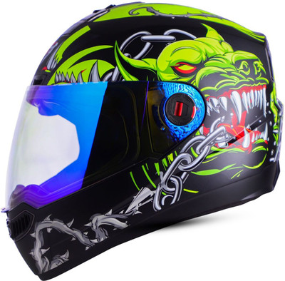 Steelbird SBA-1 Angry Dog ISI Certified Full Face Graphic Helmet for Men and Women Motorbike Helmet(Matt Black Neon with Night Vision Blue Visor)