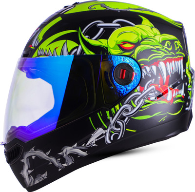 Steelbird SBA-1 Angry Dog ISI Certified Full Face Graphic Helmet for Men and Women Motorbike Helmet(Glossy Black Neon with Night Vision Blue Visor)