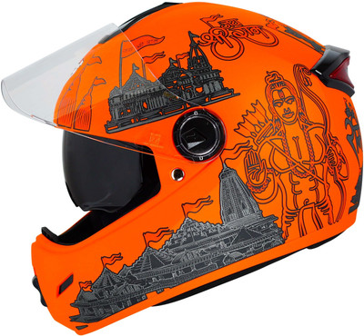Steelbird SH-34 Jai Shree Ram Reflective ISI Certified Full Face Graphic Helmet Motorbike Helmet(Glossy Orange with Inner Smoke Sun Shield)