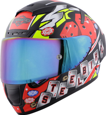 Steelbird SA-2 Casino ISI Certified Full Face Graphic Helmet Motorbike Helmet(Glossy Black Red with Rainbow Visor)