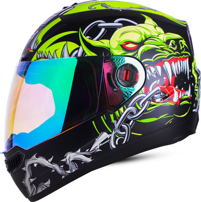 Steelbird SBA-1 Angry Dog ISI Certified Full Face Graphic Helmet for Men and Women Motorbike Helmet(Glossy Black Neon with Night Vision Green Visor)