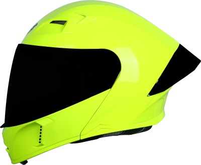 Steelbird SBA-20 7Wings ISI Certified Flip-Up Helmet for Men & Women with Inner Sun Shield Motorbike Helmet(Glossy Fluo Neon with Black Spoiler and Smoke Visor)