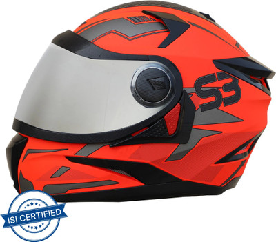 Steelbird SBH-17 Terminator Full Face Graphic Helmet in Glossy Fluo Red with Silver Visor Motorbike Helmet(Glossy Fluo Red)