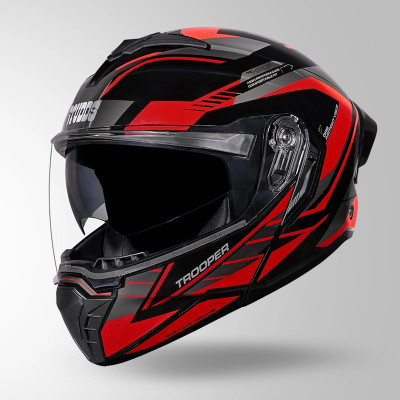 STUDDS Trooper D4 isi & Dot Certified Flip-up Full Face Large with Dual Visor Motorbike Helmet(Glossy Black N2 Red)