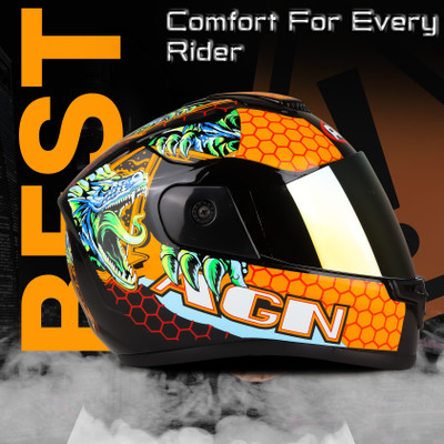 FOROLY AGN Monster Dragon Fullface ABS Material with Rainbow Visor Unisex Motorbike Helmet(Orange)