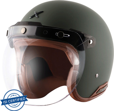Axor Retro Jet Leather Motorbike Helmet(Dull Battle Green)