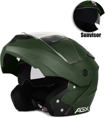 Agx Flipup Dual Visor with Unbreakable PC Visor ABS Material Unisex Motorbike Helmet(Army Green)