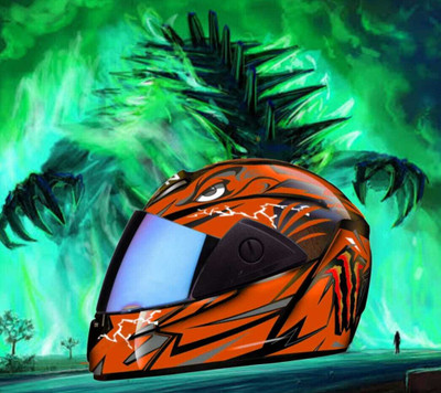 FOROLY Monster Full Face ABS Material with Rainbow visor Motorbike Helmet(Orange)