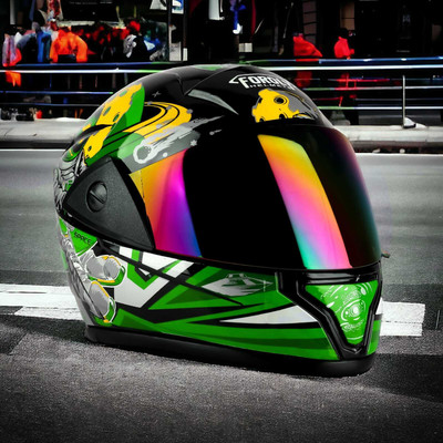 FOROLY Rado Mars Full Face ABS Material with Rainbow visor Motorbike Helmet(Green)
