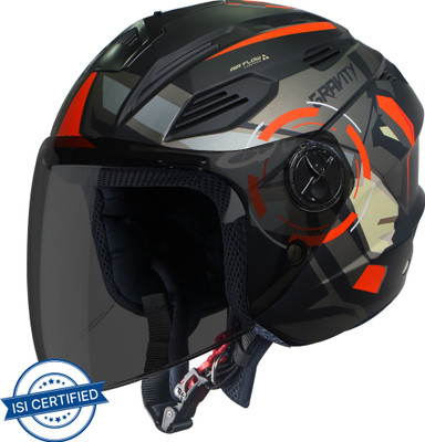 Steelbird SBA-6 7Wings Gravity Open Face Helmet, ISI Certified Helmet Motorbike Helmet(Matt Black Orange with Smoke Visor)