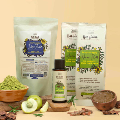 Nat Habit Henna Hair Combo – Ready to apply Henna Paste, Indigo Powder & Stain Oil(4 Items in the set)