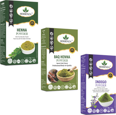 Herbenza Henna, Indigo & BAQ Henna Combo | Hair Coloring + Body Art Grade | Each(100 g)