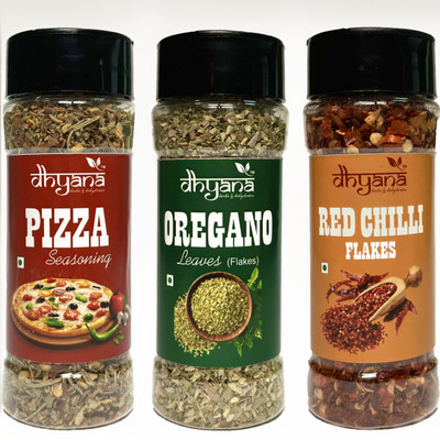 DHYANA HERBS & DEHYDRATES Combo pack of Pizza mix 45gm | Oregano flakes 35gm | Chilli Flakes 40gm(120 g)