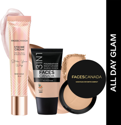 FACES CANADA Strobe Cream (18ml) + Compact Powder (9gm) +Hydra Matte Foundation (18ml) |Glowy Compact(Rose Gold + Beige 03 + Rose Ivory 011, 45 ml)