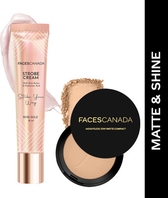 FACES CANADA Strobe Cream (18ml) + Weightless Compact Powder (9gm) | Primer + Moisturizer + Highlighter(Rose Gold + Beige 03)
