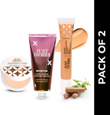 Just Herbs Matte Glow Combo Pack of 3 | Foundation, Strobe Cream, Compact Powder Highlighter(white)