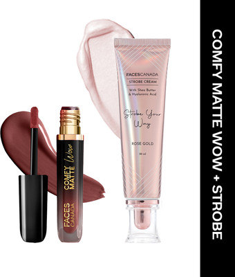 FACES CANADA Comfy Matte Wow Liquid Lipstick (3.8ml) & Strobe Cream (30ml) |(Cocoa Crush 07 & Rose Gold, 33.8 ml)