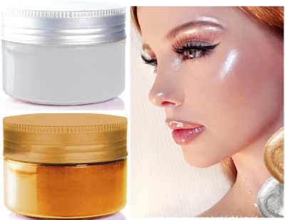 GFSU - GO FOR SOMETHING UNIQUE ILLUMINATOR SHIMMERY SHINY GLOW FACE MAKEUP POWDERY GOLD & SILVER HIGHLIGHTER Highlighter(Golden, Silver)