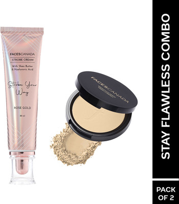 FACES CANADA Stay Flawless Combo | Weightless Stay Matte Finish Compact Powder & Strobe Cream Compact(Rose Gold Strobe Cream-30ml, Natural 02 Compact Powder-9g, 30.35 ml)
