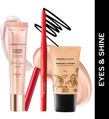 FACES CANADA Strobe Cream (18ml) + Kajal (0.35g) + Tinted Moisturizer | Primer +Moisturizer + Highlighter(Rose Gold + Black + Light 01)