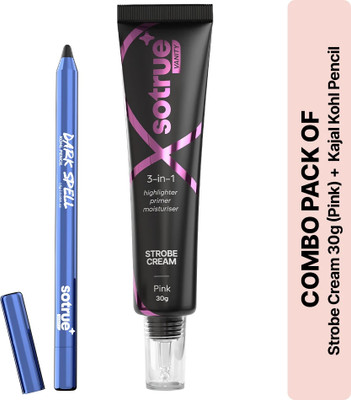 Sotrue Kajal Pencil & Strobe Cream Combo | Smudgeproof Kajal & Instant Glow  Highlighter(Pink)